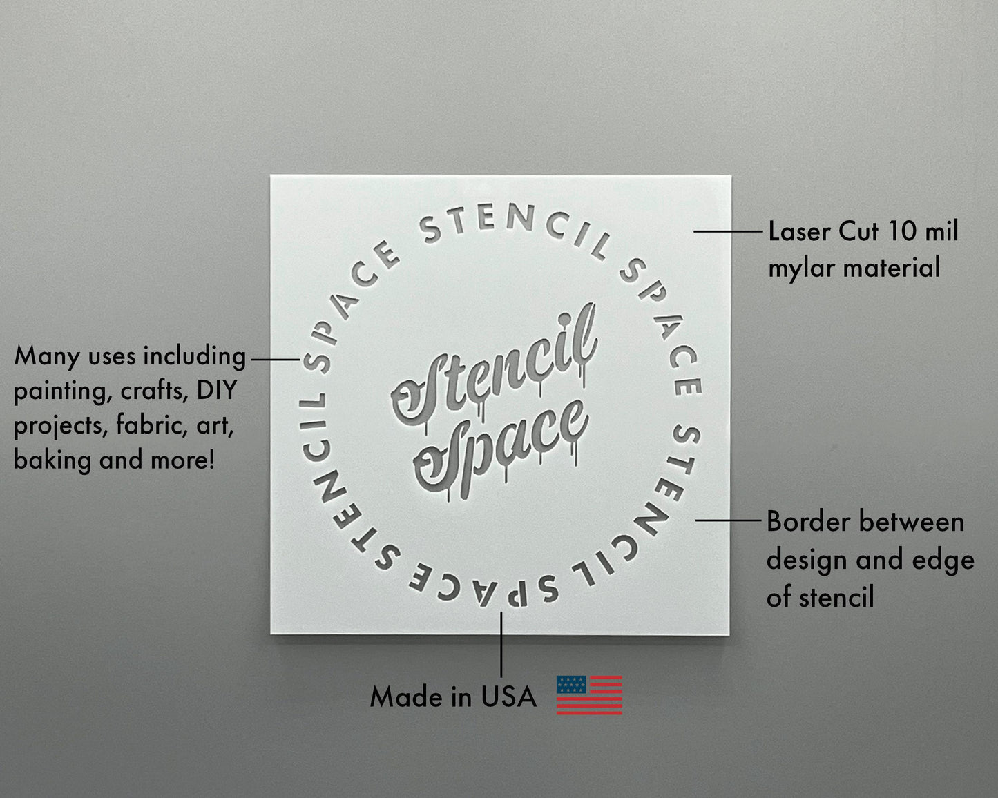 a stencil that is used for various purposes, such as painting, crafts, DIY projects, fabric, art, baking, and more. The stencil is made in the USA and has a border between the design and the edge of the stencil. The image also includes a description of the stencil, highlighting its features and uses.