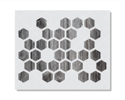 The image is a collage of various hexagonal shapes, each with a unique texture and color, arranged in a grid-like pattern.