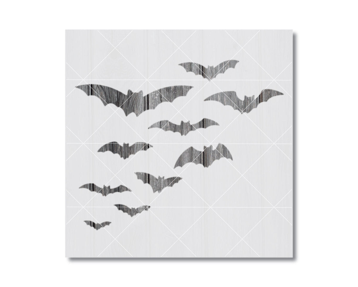 A square image with a grid-like pattern of silhouettes of bats against a white background.