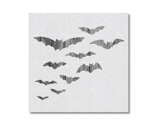 A square image with a grid-like pattern of silhouettes of bats against a white background.