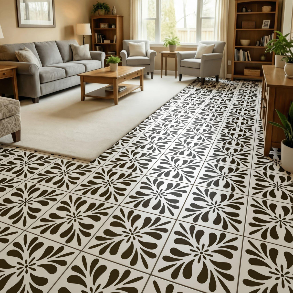 a modern living room with a gray sofa, wooden coffee table, and a large window. The floor is covered in a black and white patterned tile design.