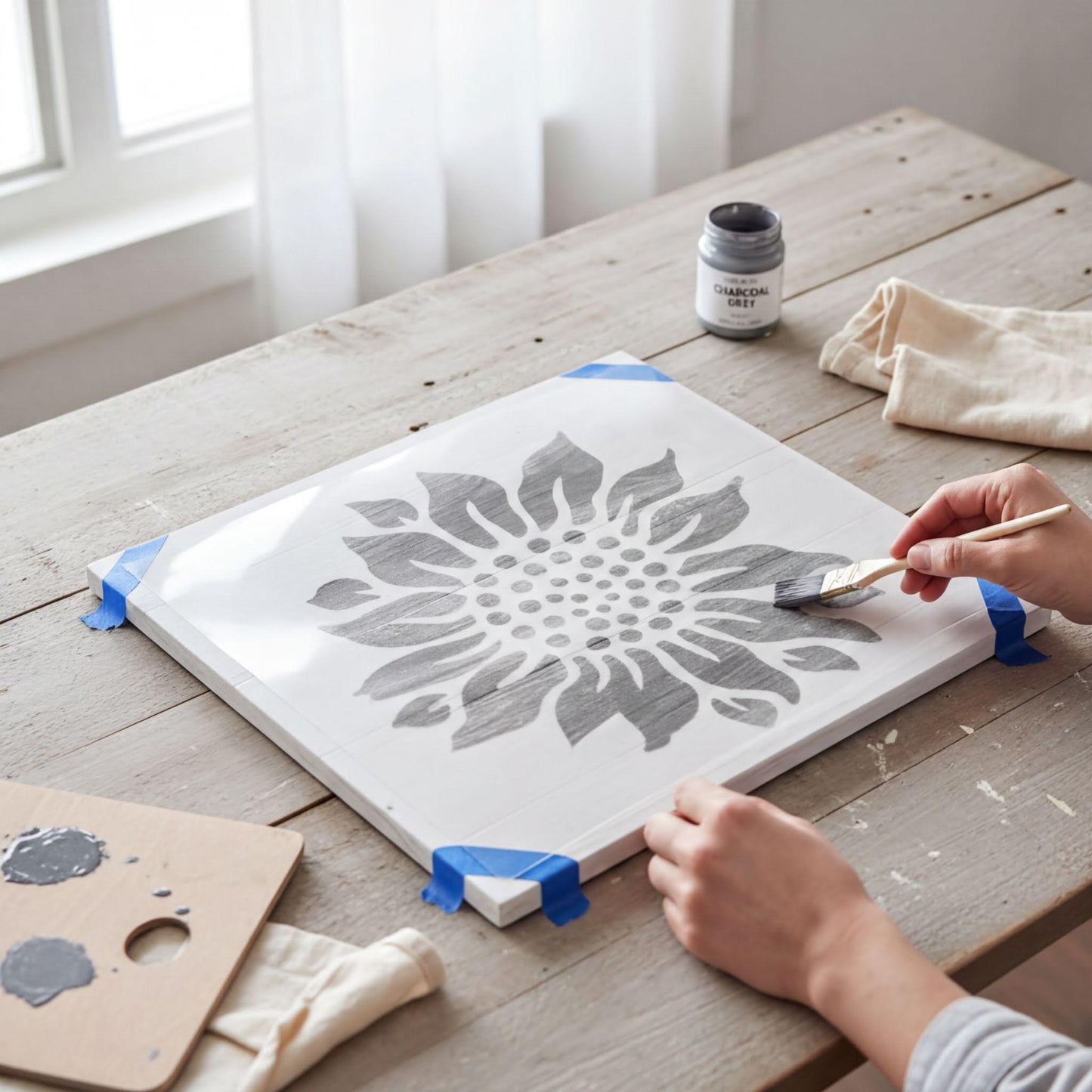 A person is painting a stencil of a flower on a canvas using a brush, with a jar of grey paint nearby.