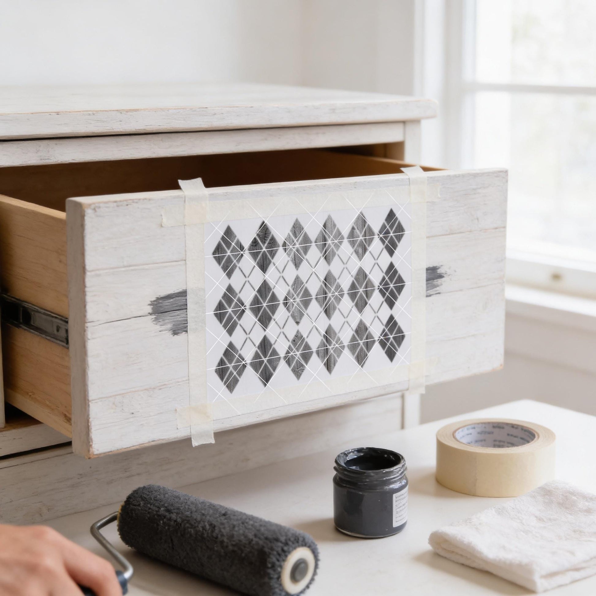 a wooden drawer with a stencil design on it, along with various painting supplies such as a roller, paint, and tape.