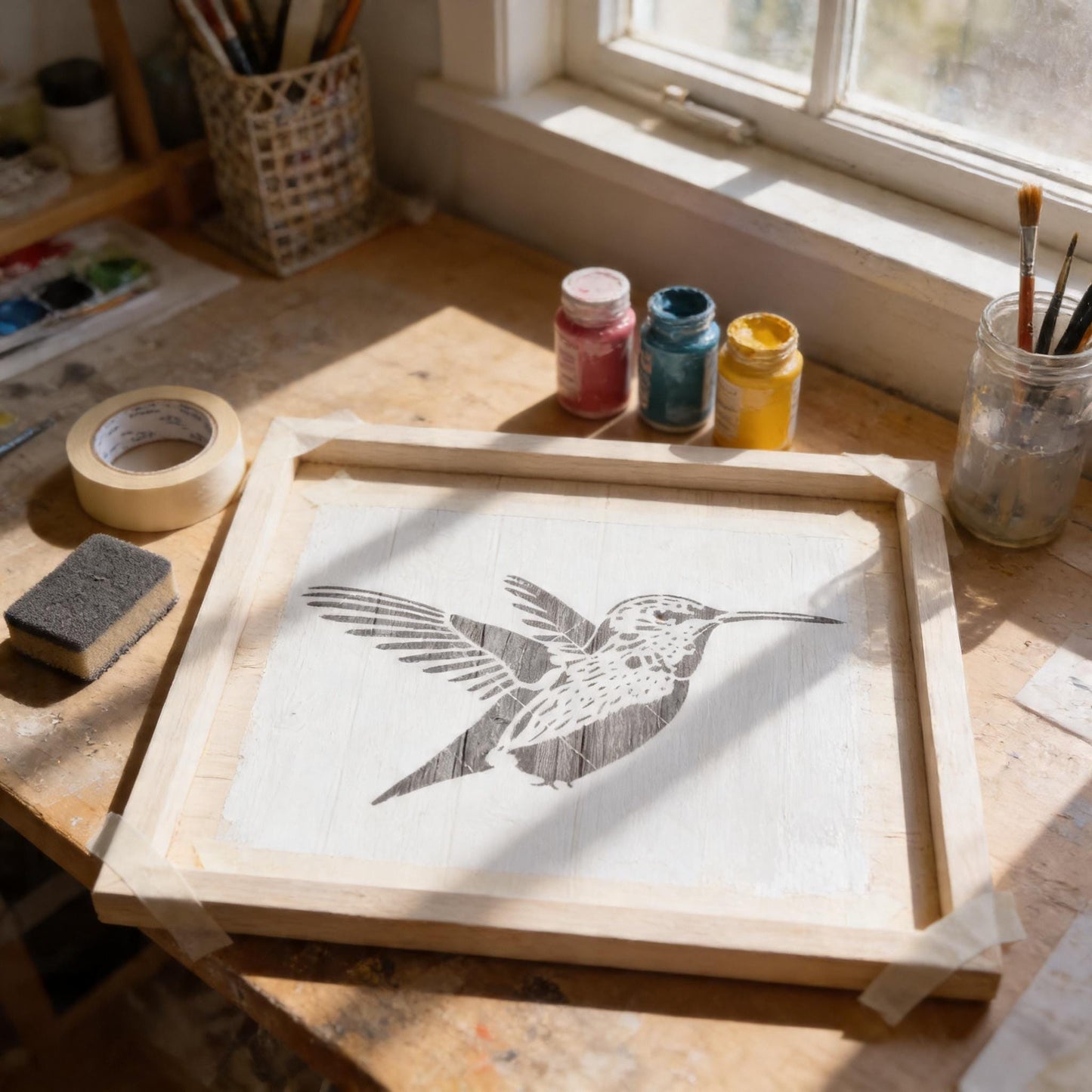 a wooden table with various art supplies, including a framed drawing of a bird, paint bottles, and a jar of brushes.
