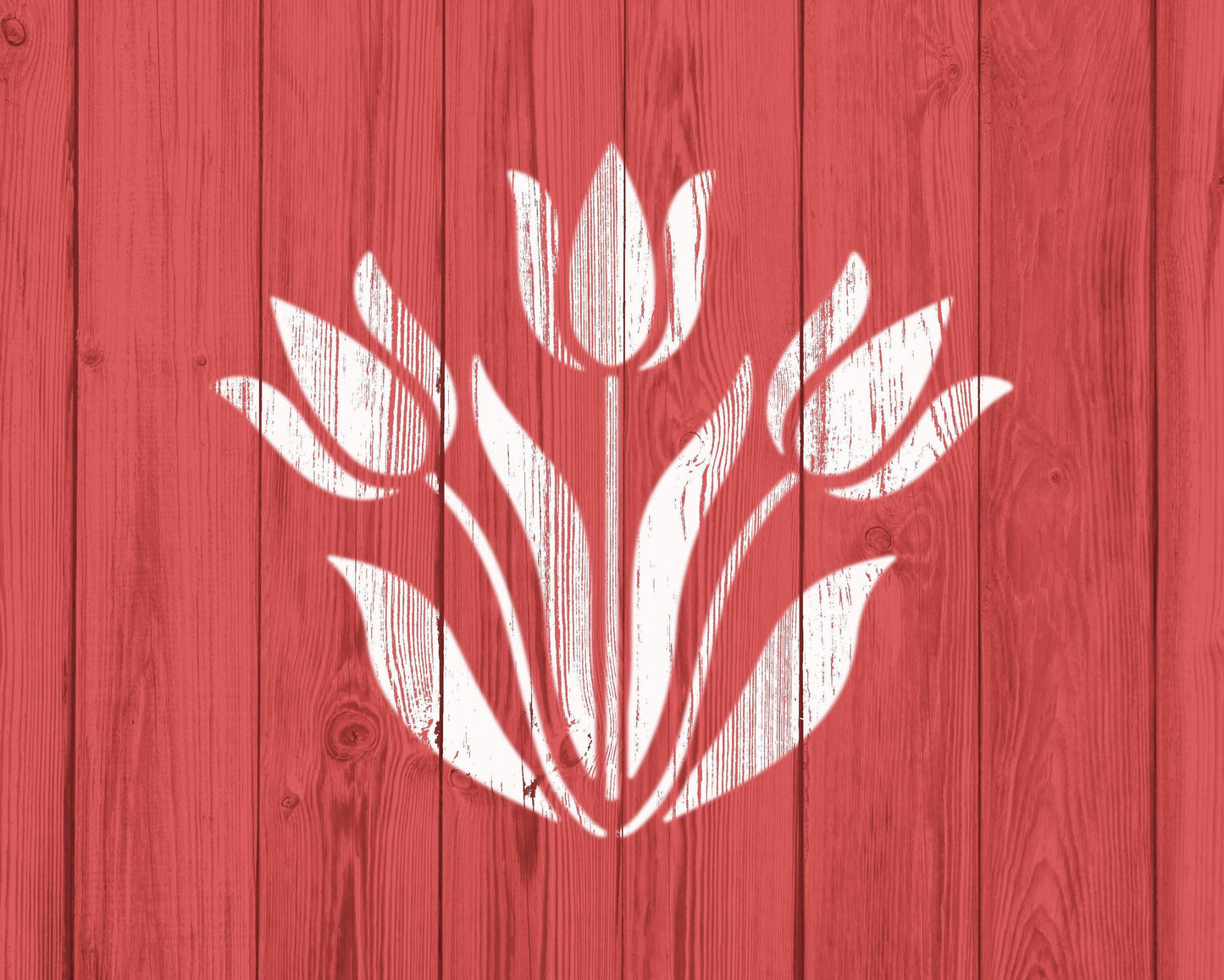 A white flower design is centered against a red wooden background.