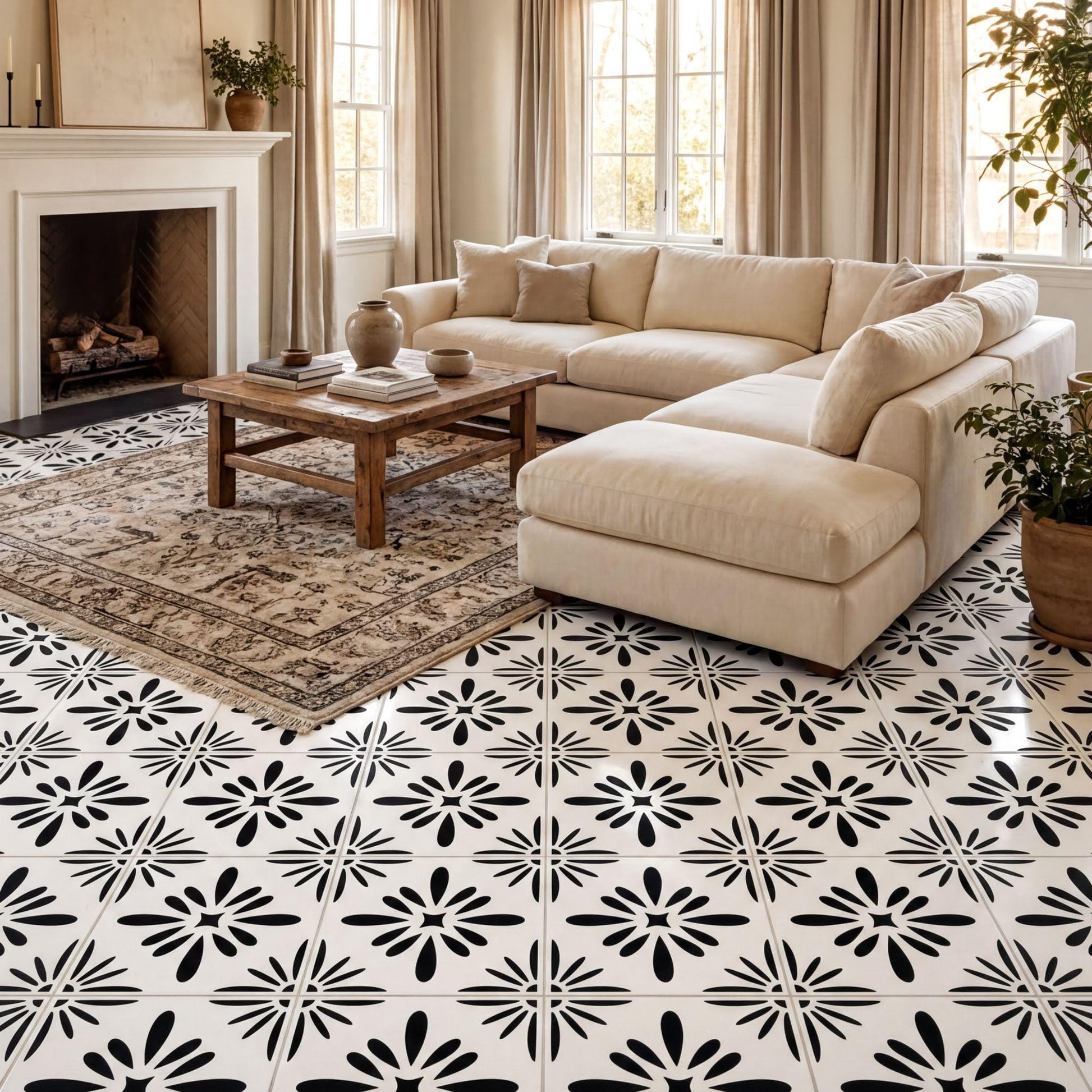 a cozy living room with a large sectional sofa, a wooden coffee table, and a patterned rug on the floor. The room has a fireplace, a window, and several potted plants, creating a warm and inviting atmosphere.