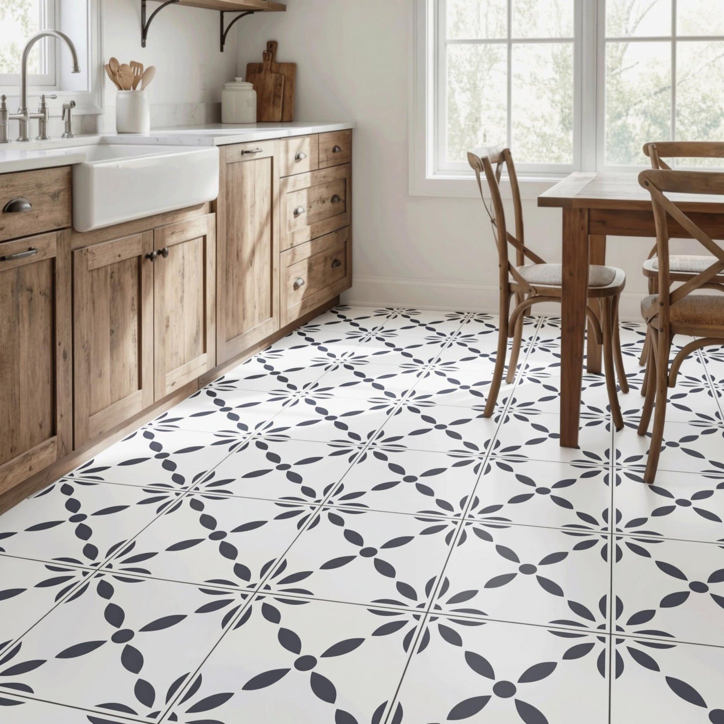 a modern kitchen with wooden cabinets, a white tile floor, and a rug on the floor.
