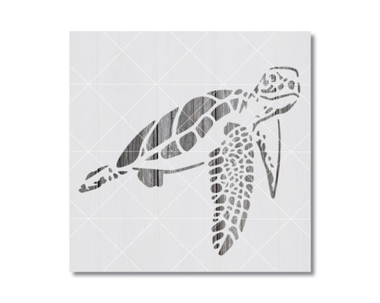 A stylized black and white illustration of a sea turtle.