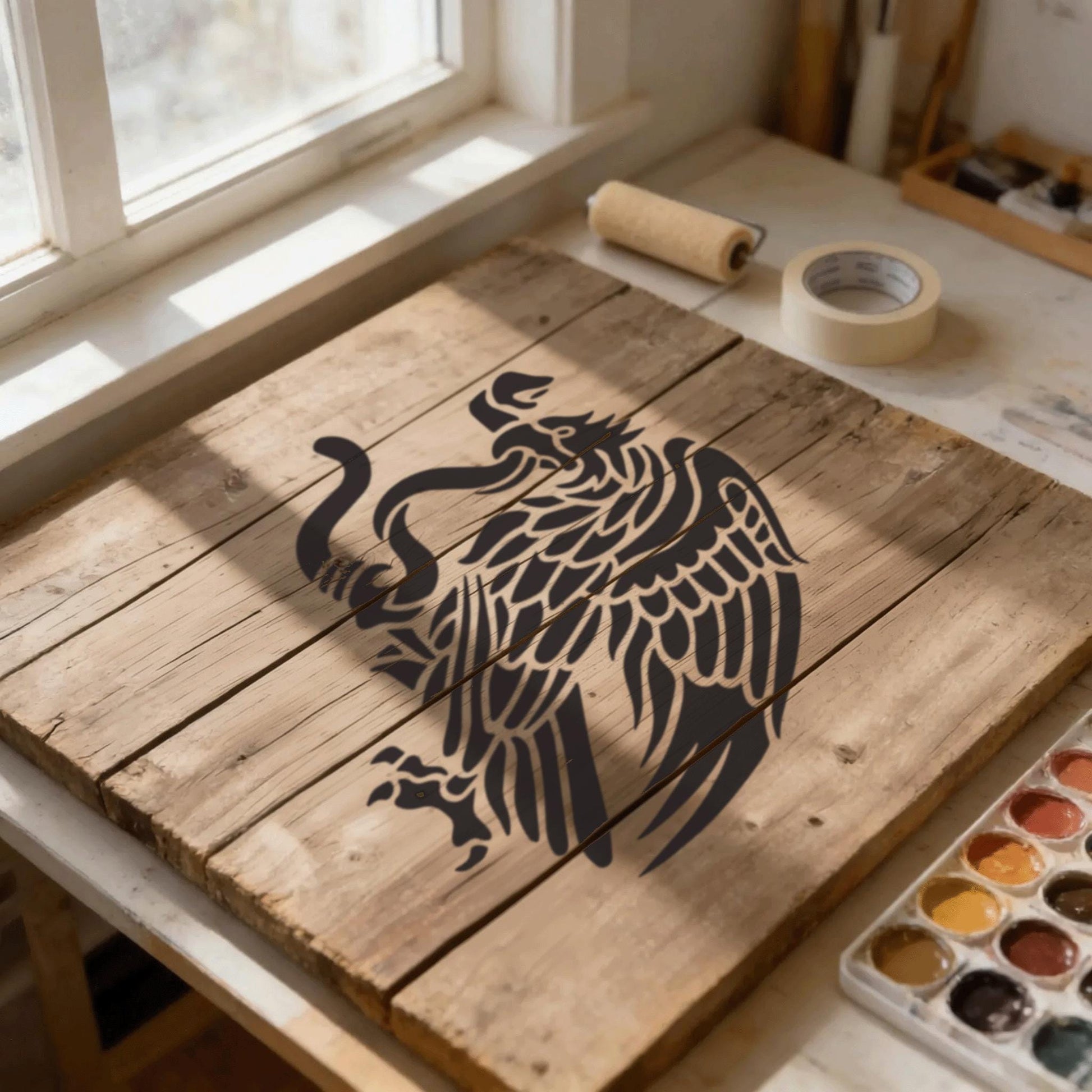 a wooden board with a black bird stencil design on it, along with some roll of tape and a paint tray filled with various colors of paint.