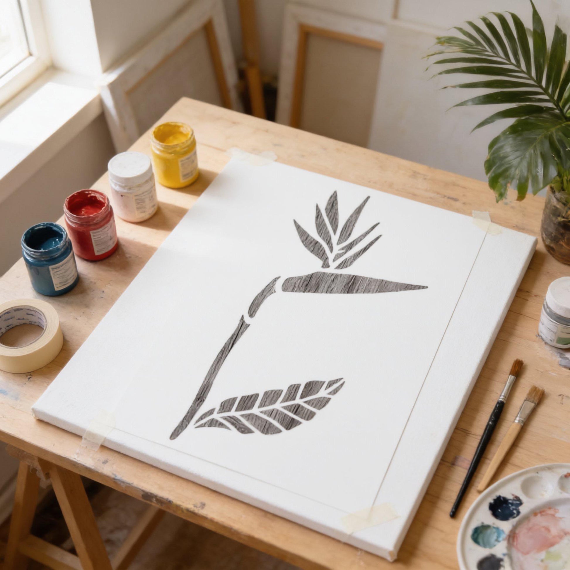 an art studio with a wooden table, a canvas with a black and white drawing of a plant, and various art supplies such as paintbrushes and jars of paint.