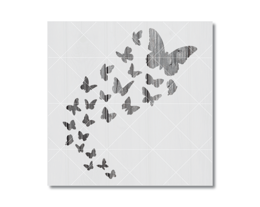 a group of butterflies in flight, with their silhouettes forming a dynamic and visually striking composition.