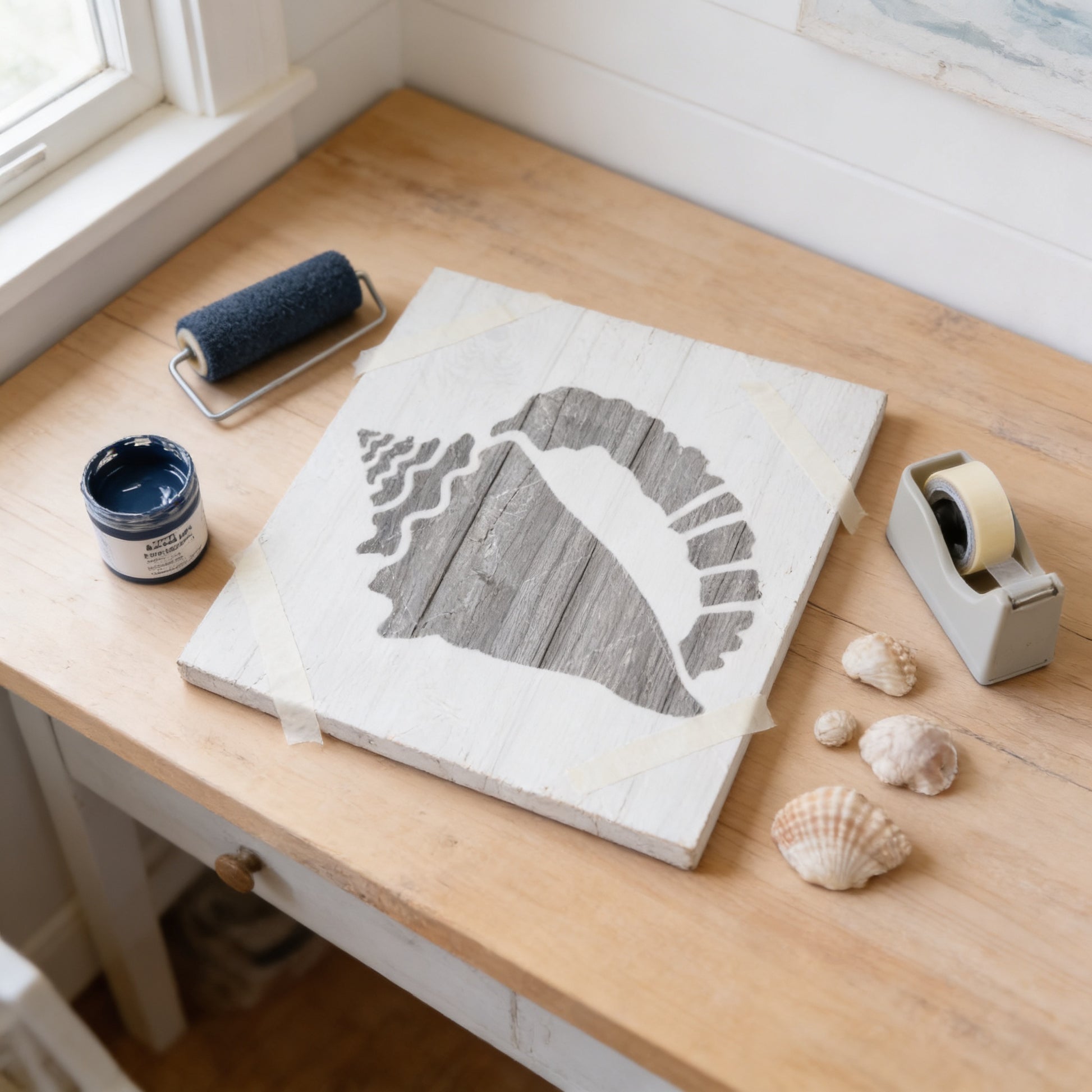 a wooden desk with various items on it, including a wooden board with a stencil, a roll of tape, and some seashells.