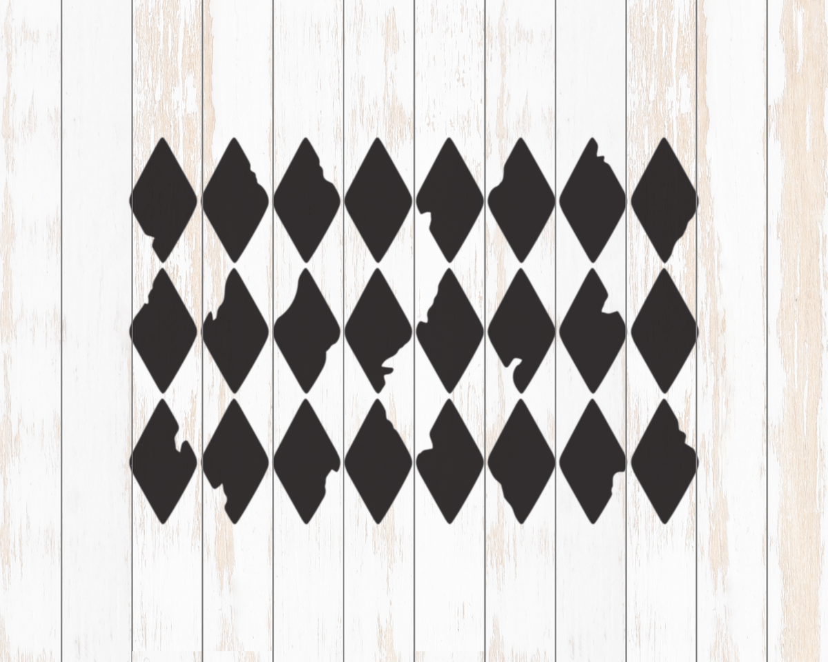 a pattern of black diamond shapes arranged in a grid-like fashion on a white wooden background.