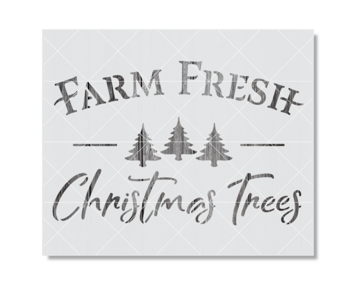a graphic design with the text "FARM FRESH Christmas Trees" and three stylized Christmas trees.