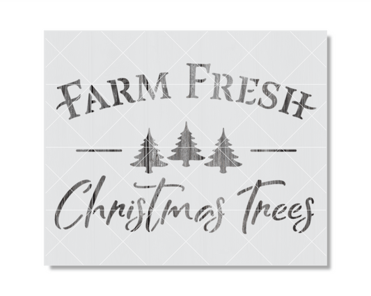 a graphic design with the text "FARM FRESH Christmas Trees" and three stylized Christmas trees.