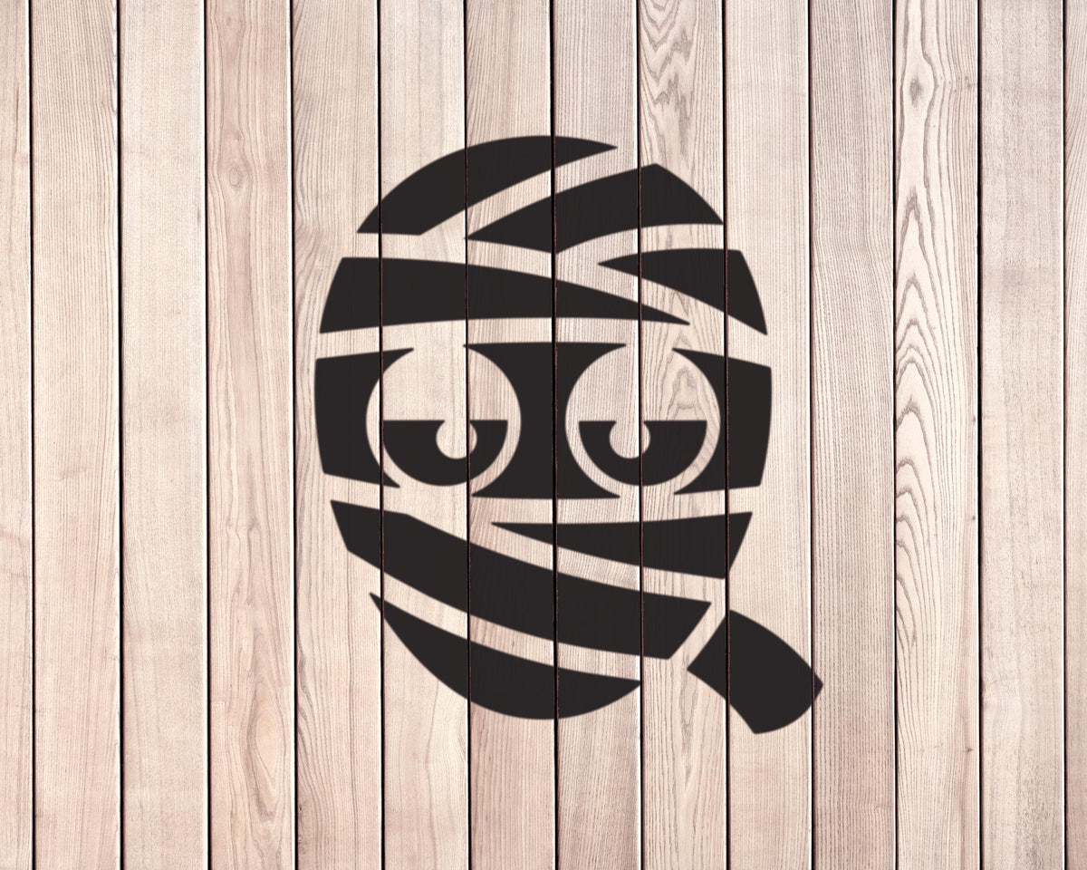 A simple black and white graphic design of a face with two large eyes and a small mouth, resembling a mask or a cartoon-like face.