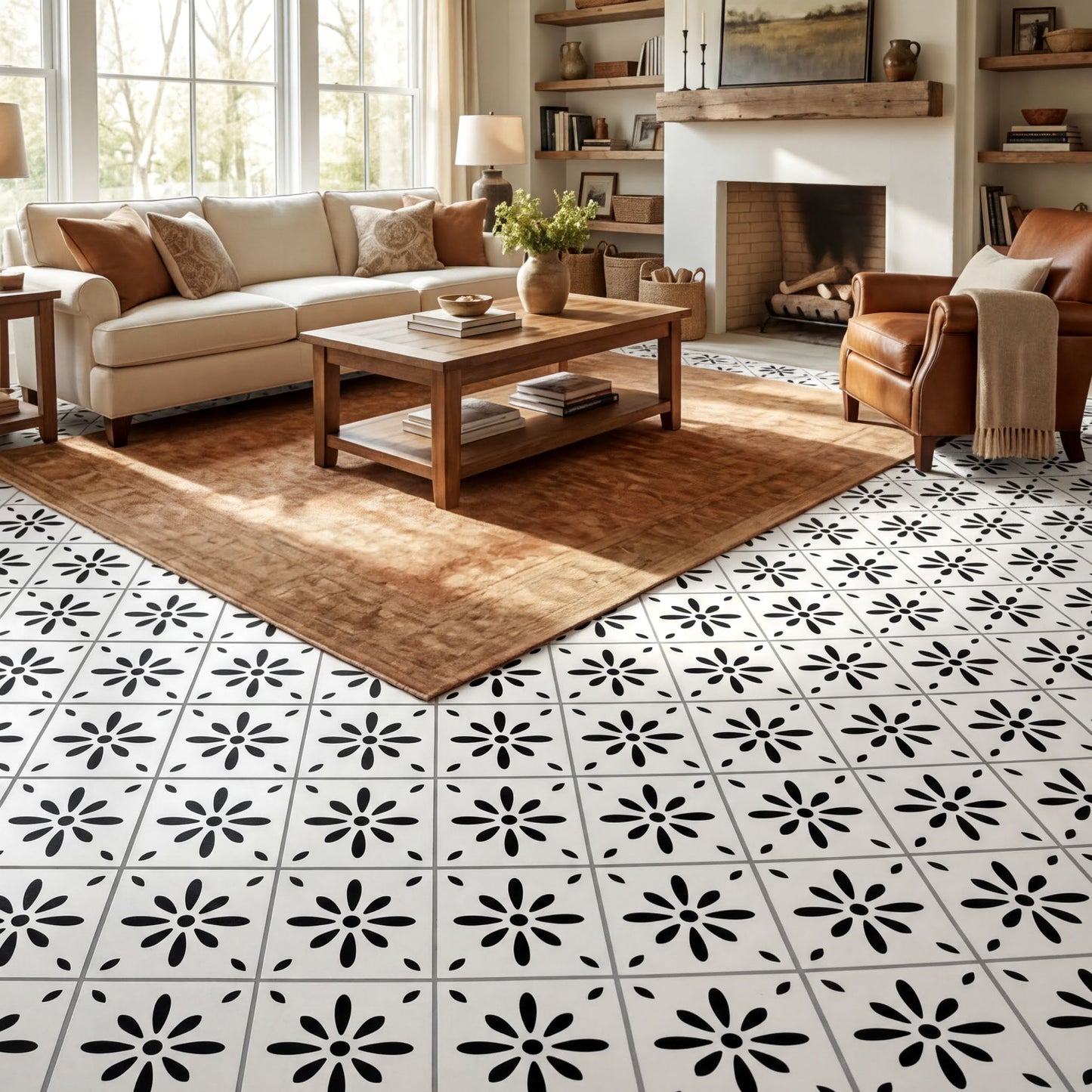 a cozy living room with a white sofa, a wooden coffee table, and a fireplace. The floor is covered in a black and white patterned tile design.