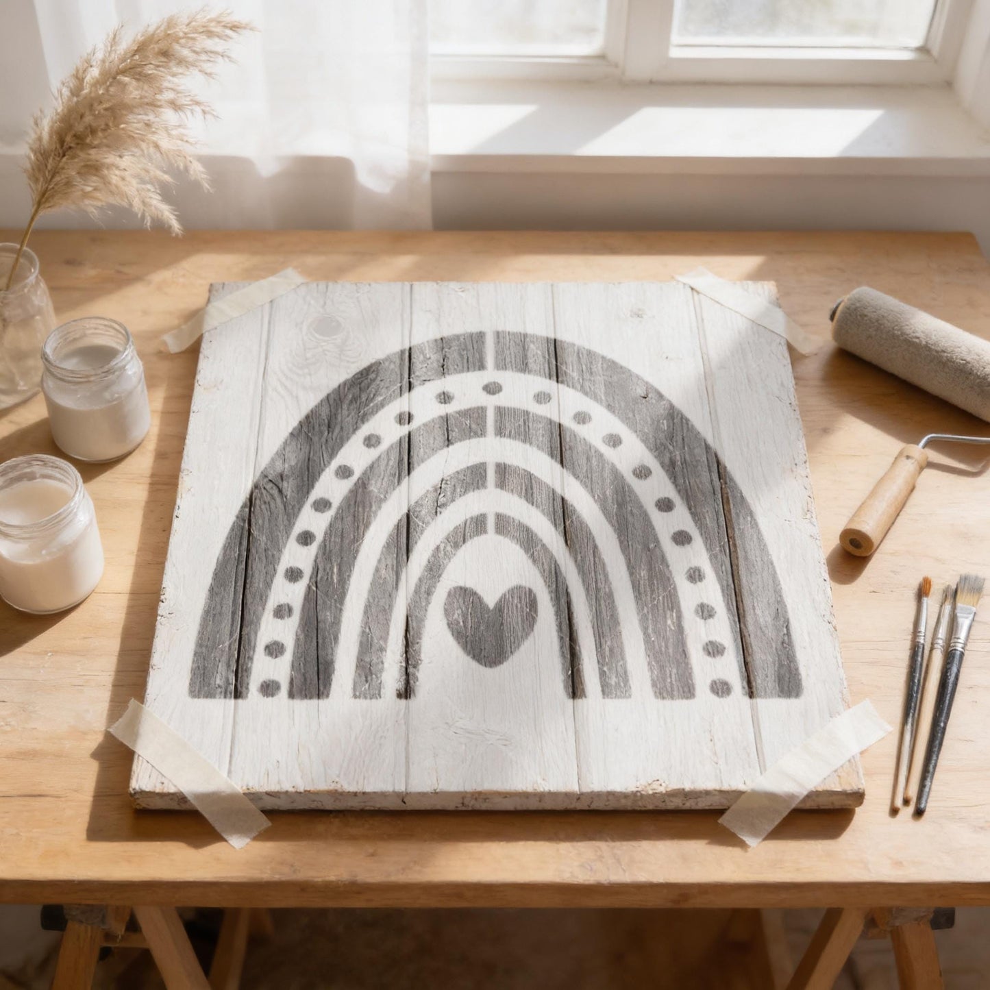 a wooden table with various art supplies and a stencil of a rainbow on it.