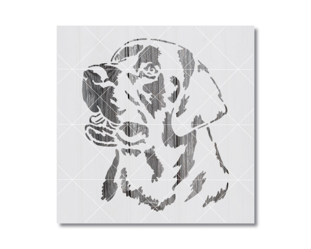 A black and white silhouette of a dog's head, with a stylized and abstract representation of the dog's features.