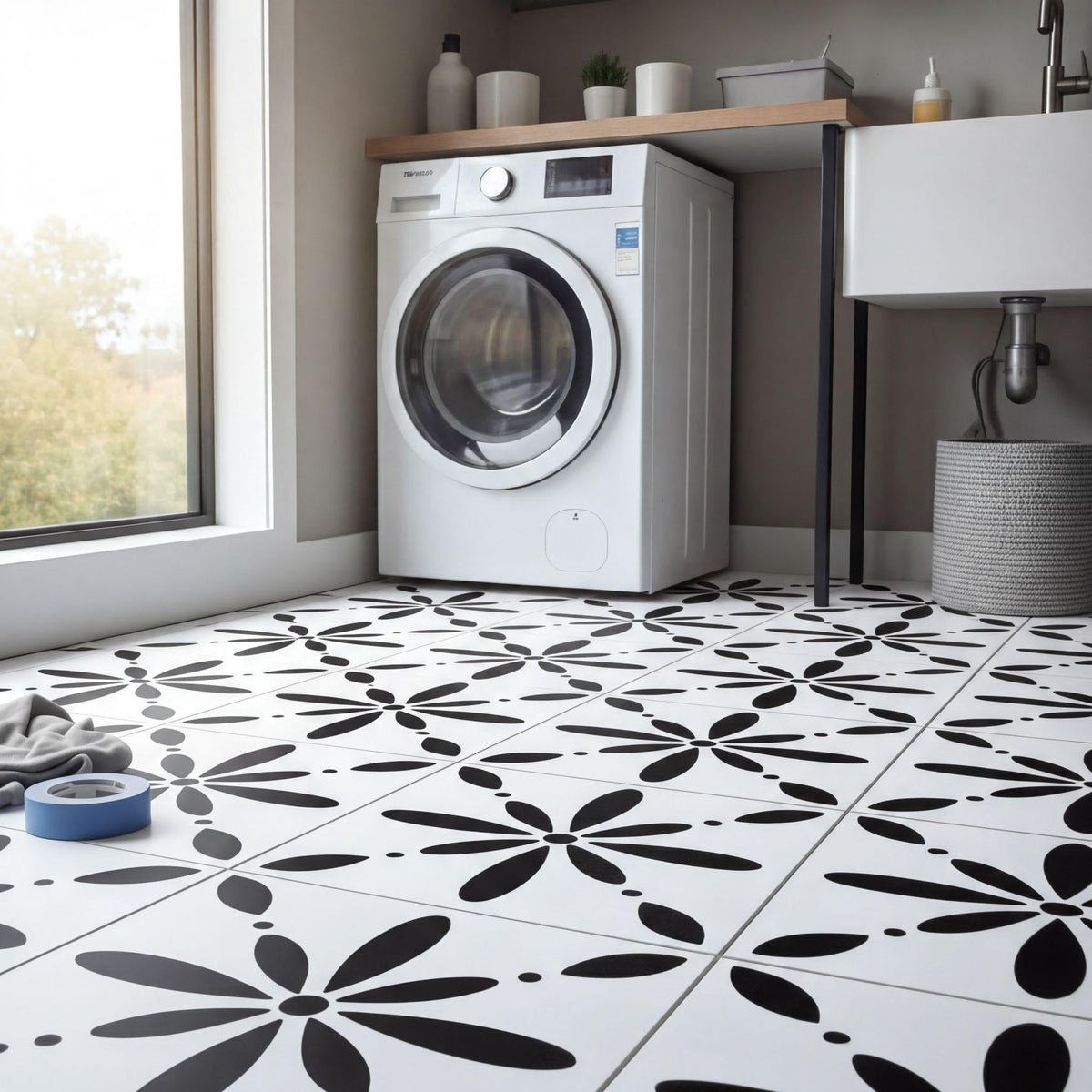 a modern, well-organized laundry room with a white washing machine, a sink, and a black and white tile floor with a floral pattern.
