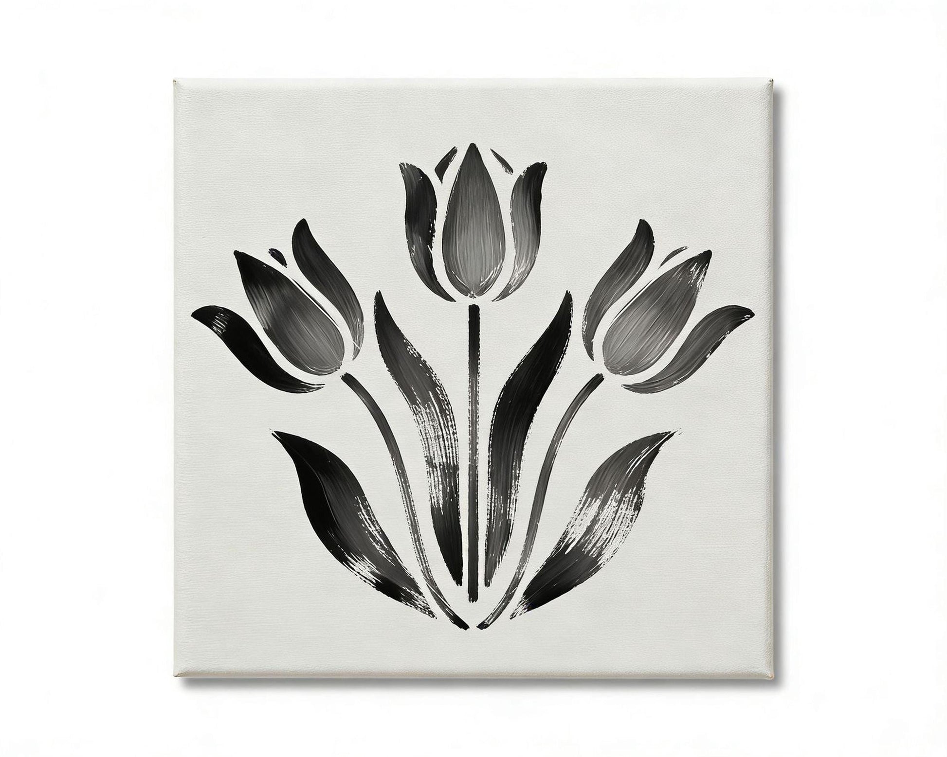A black and white illustration of three stylized tulips on a white background.
