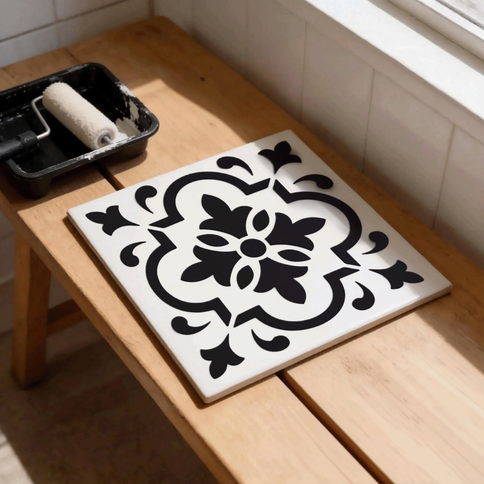 a wooden table with a white tile featuring a black floral design, and a paint roller and tray of paint are placed on the table.