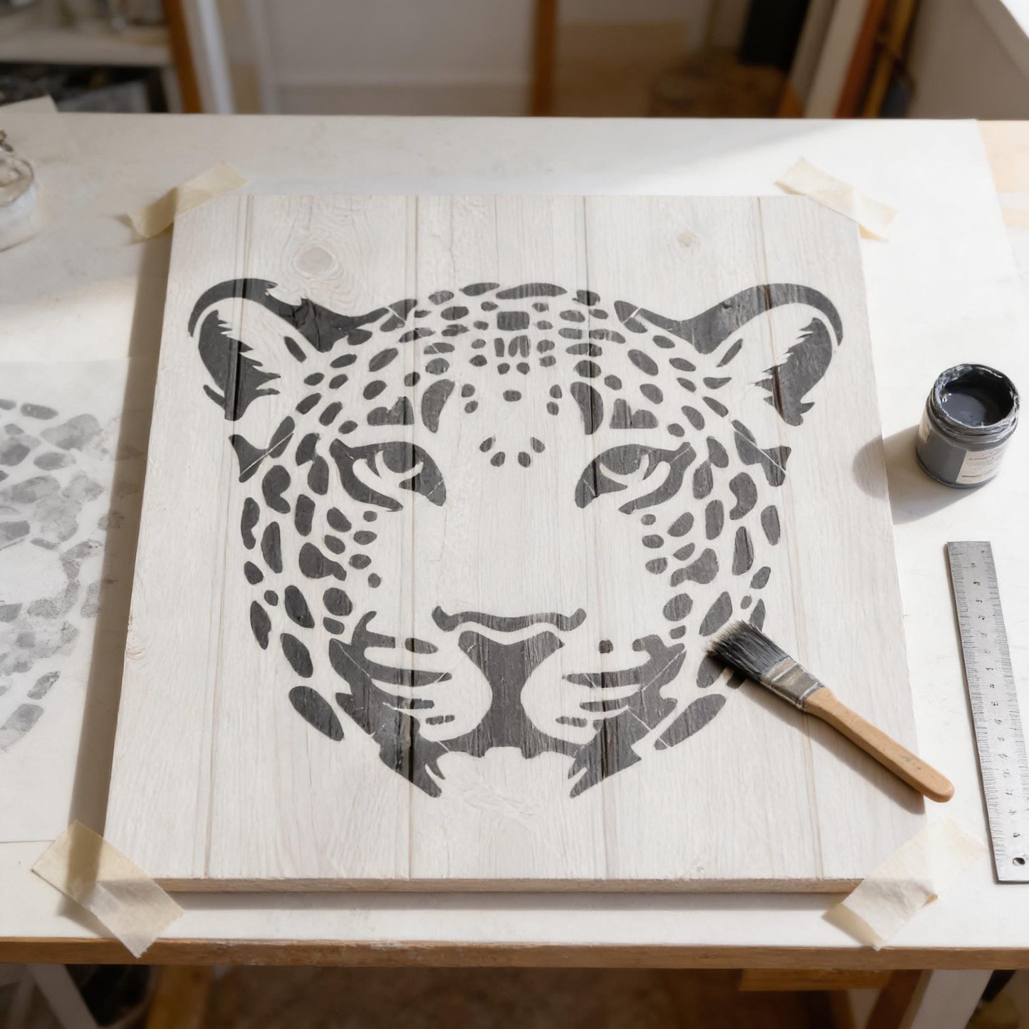 a wooden board with a black and white leopard print design, along with a paintbrush and a jar of paint, suggesting an art project or craft activity.