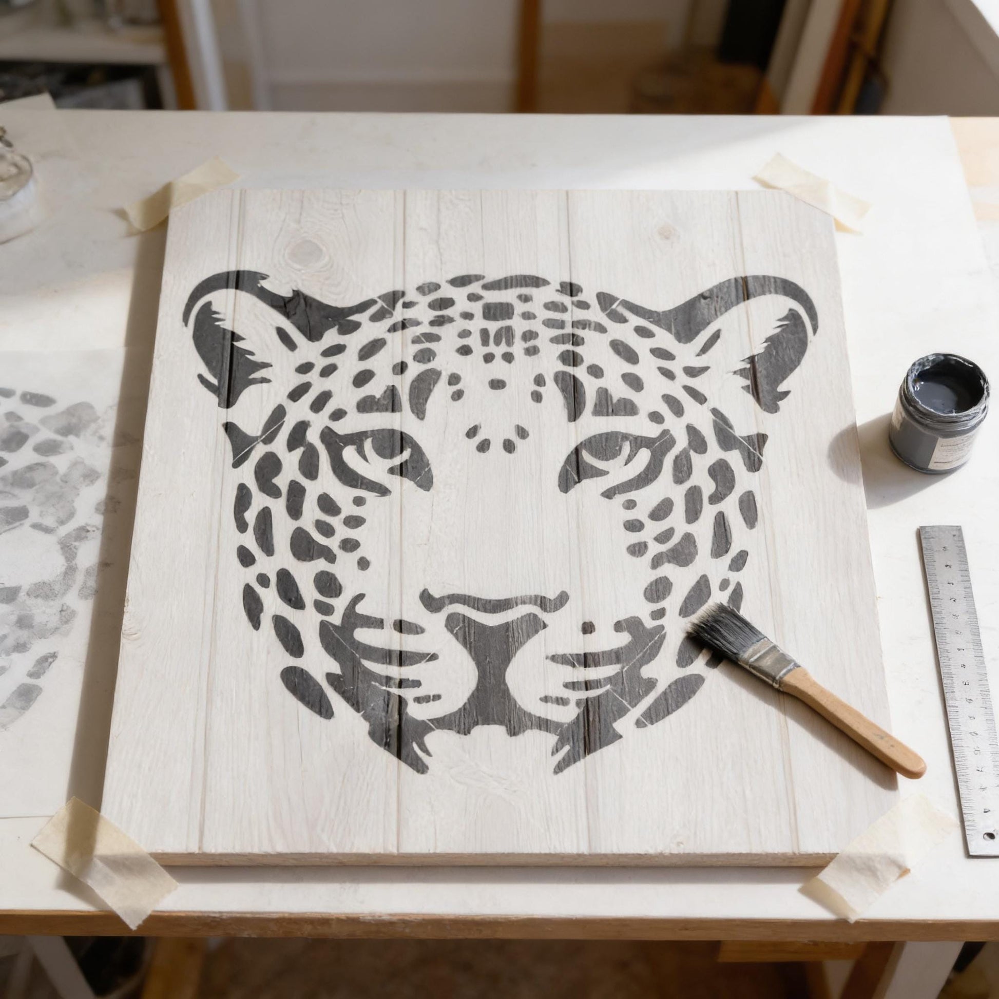 a wooden board with a black and white leopard print design, along with a paintbrush and a jar of paint, suggesting an art project or craft activity.