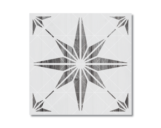 a square tile with a star-like design in black and white.