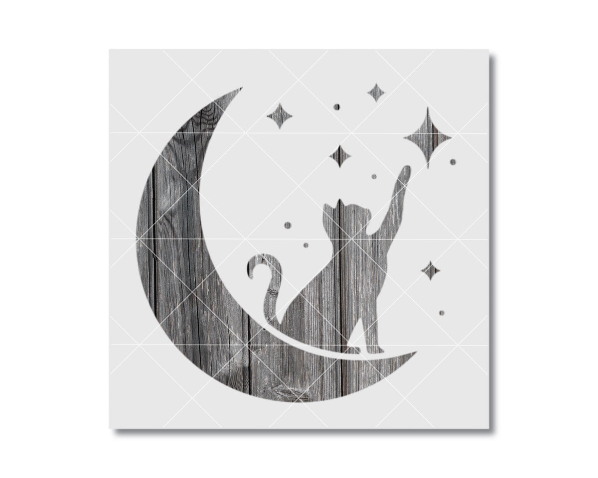 A silhouetted cat sitting on a crescent moon, gazing up at the stars.