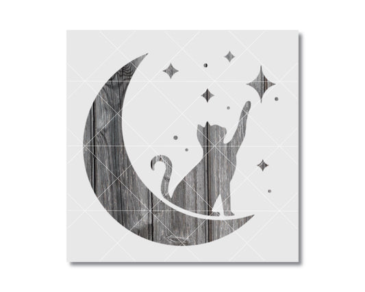 A silhouetted cat sitting on a crescent moon, gazing up at the stars.