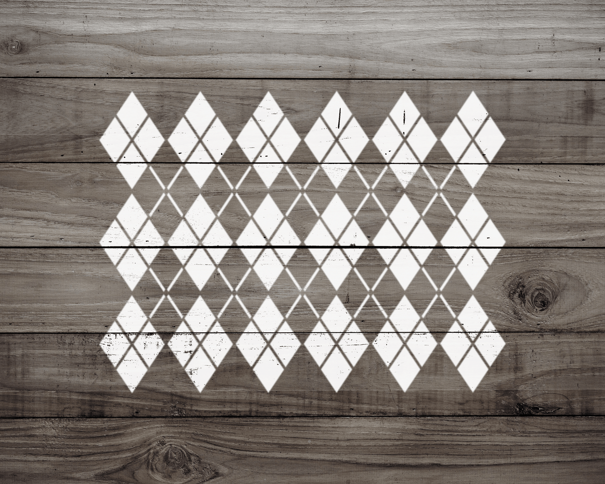a wooden surface with a repeating pattern of white diamond shapes arranged in a grid-like fashion.
