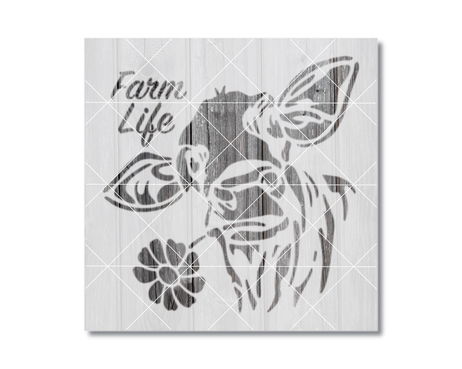 The image is a black and white illustration featuring a stylized cow or bovine figure with a flower in its mouth. The text "Farm Life" is written above the illustration.