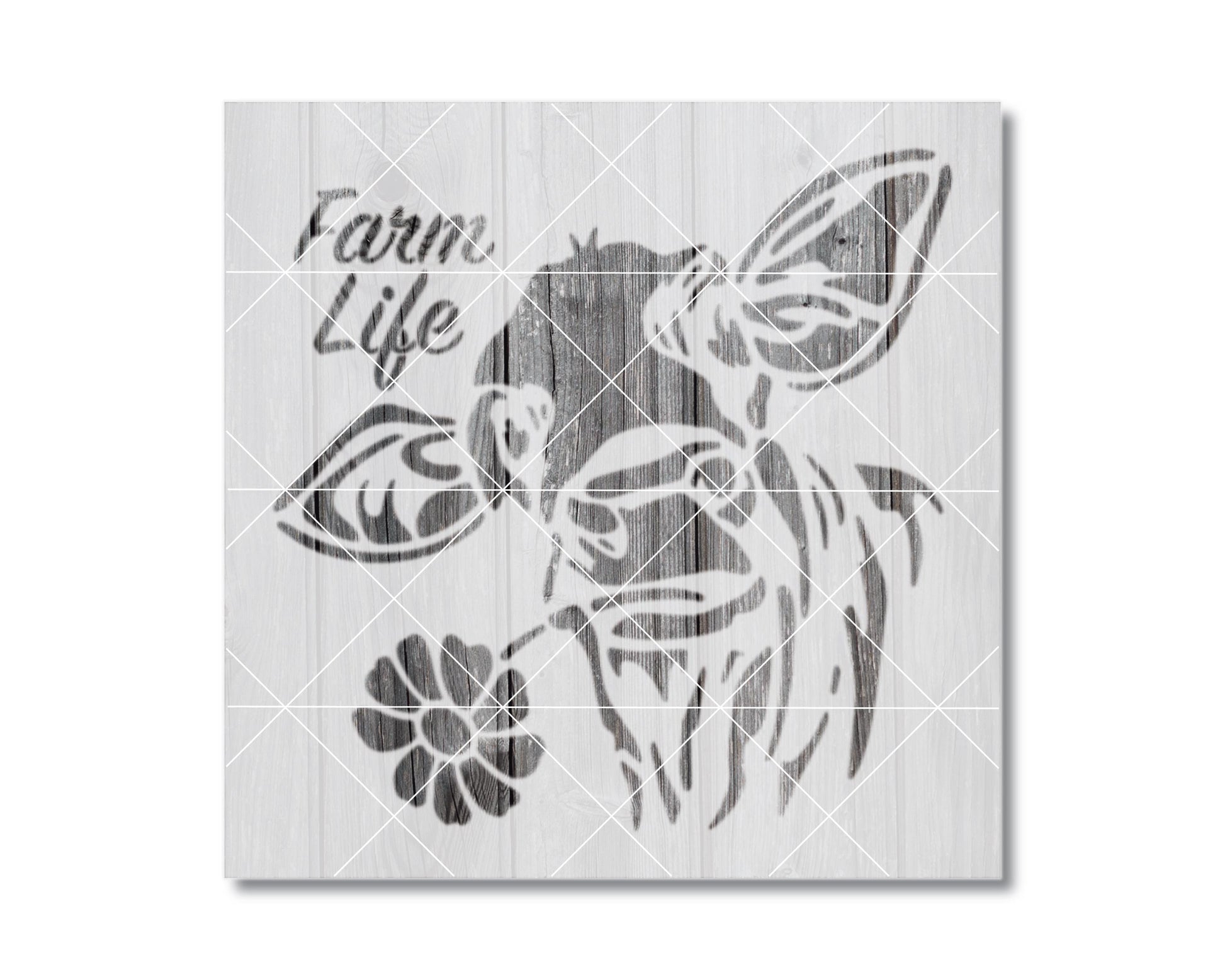 The image is a black and white illustration featuring a stylized cow or bovine figure with a flower in its mouth. The text "Farm Life" is written above the illustration.