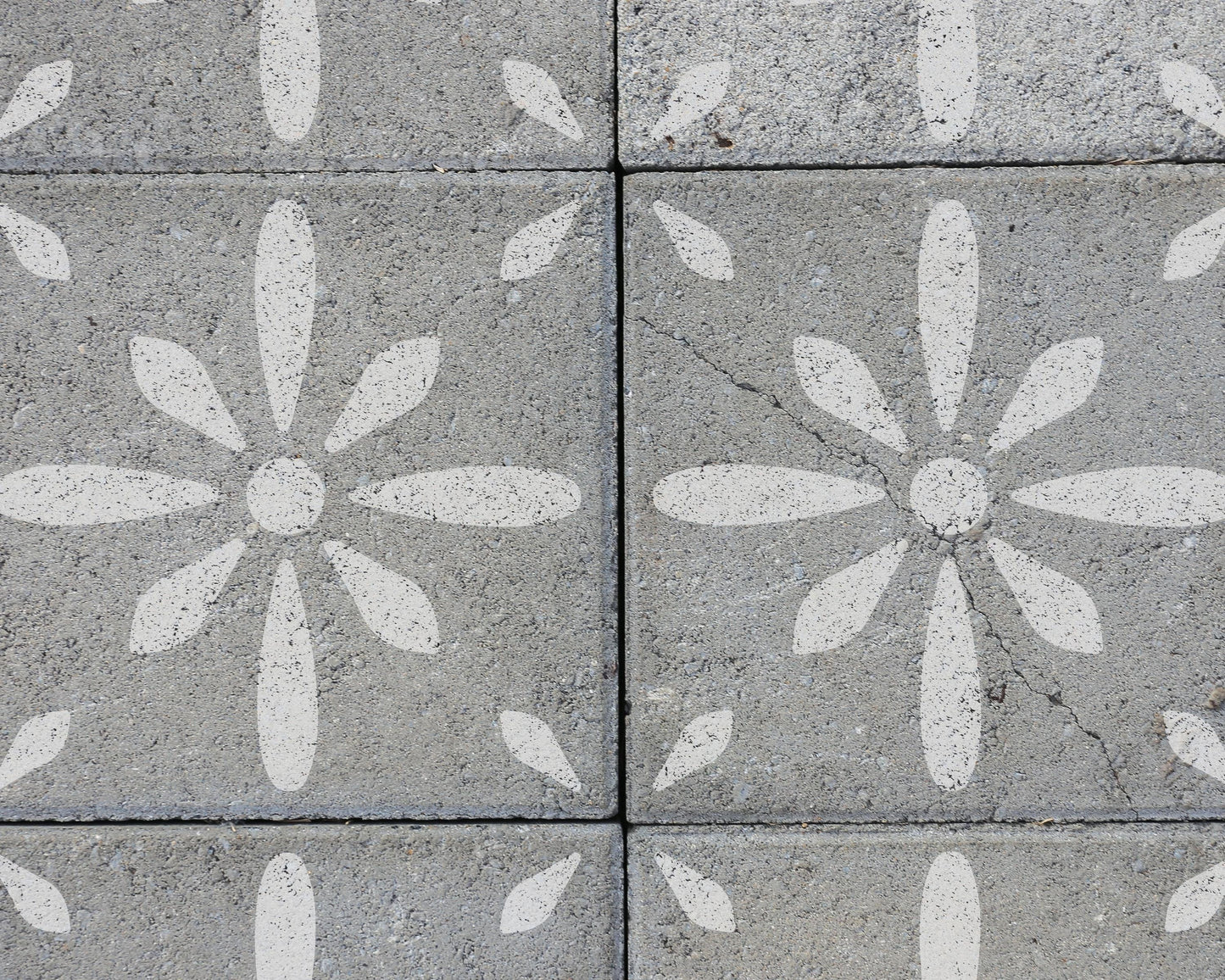 a close-up view of a patterned concrete surface, featuring white flower-like designs.