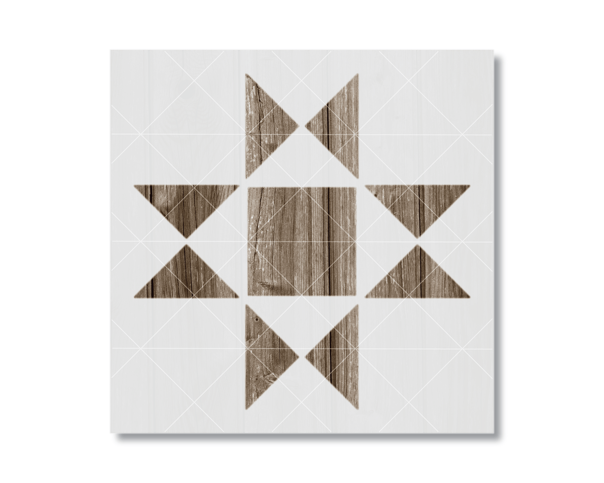 The image is a square with a geometric pattern of wooden triangles arranged in a star-like design.