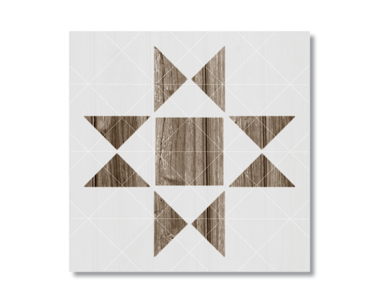 The image is a square with a geometric pattern of wooden triangles arranged in a star-like design.