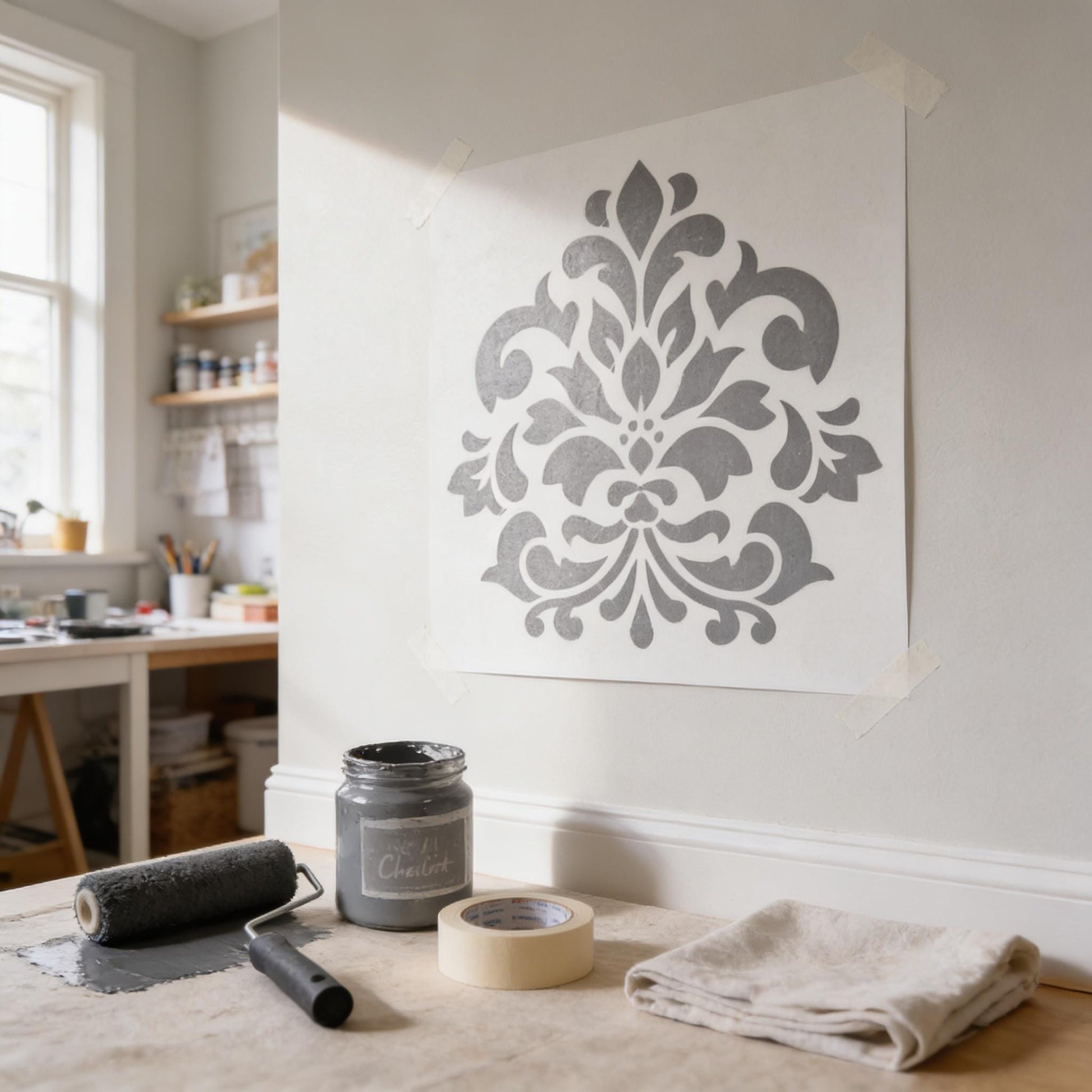 a room with a large white wall featuring a stencil design, a paint roller, a jar of paint, and a roll of tape on a table.