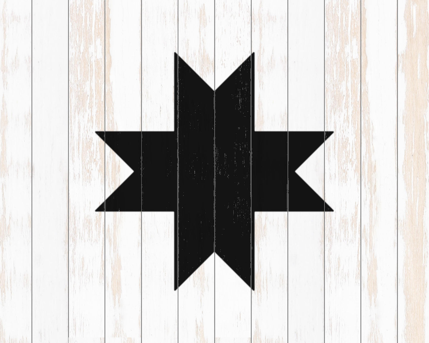 A black star-shaped graphic is centered against a white wooden background with vertical planks.
