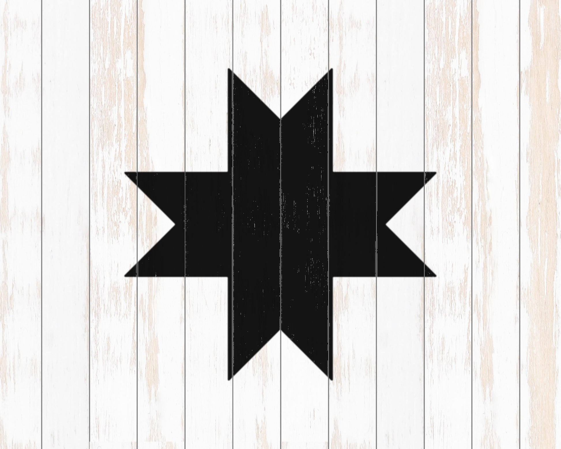 A black star-shaped graphic is centered against a white wooden background with vertical planks.