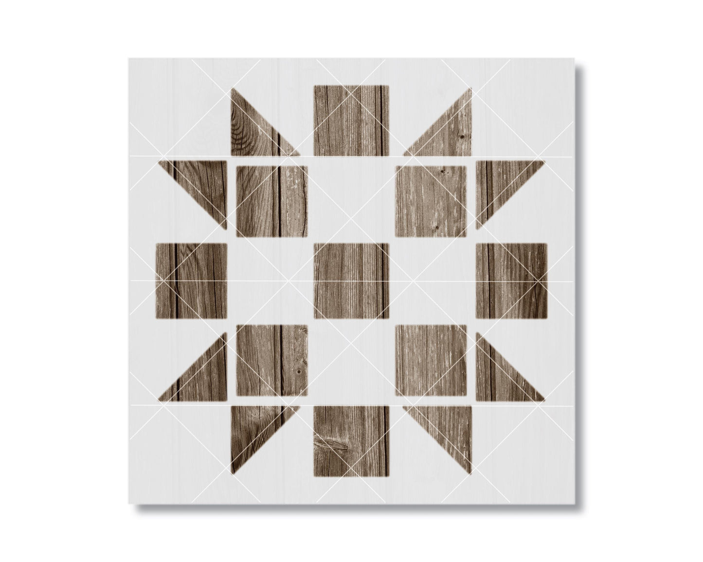 The image is a square with a geometric pattern of wooden squares and triangles arranged in a symmetrical design.