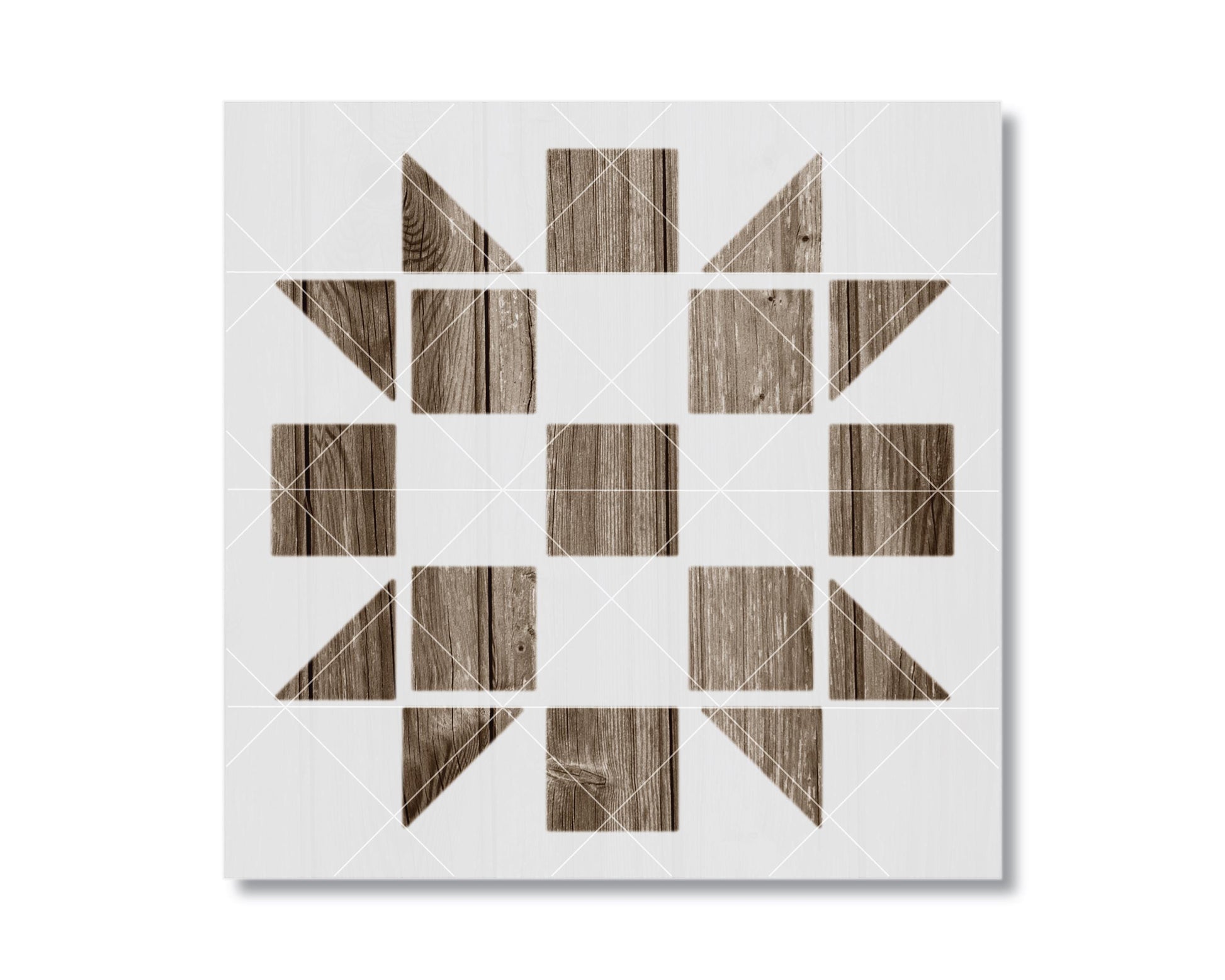 The image is a square with a geometric pattern of wooden squares and triangles arranged in a symmetrical design.