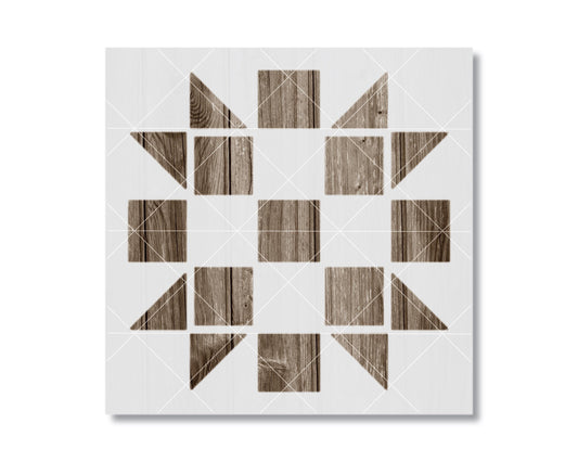 The image is a square with a geometric pattern of wooden squares and triangles arranged in a symmetrical design.