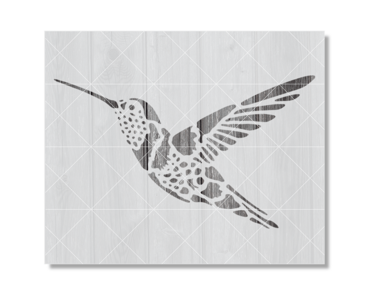 A stylized black and white illustration of a hummingbird in flight.
