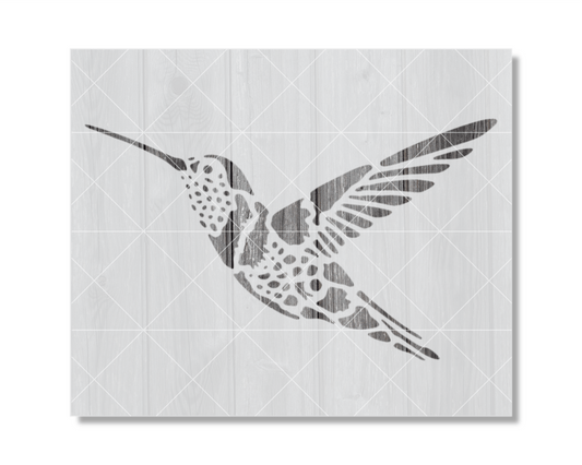 A stylized black and white illustration of a hummingbird in flight.