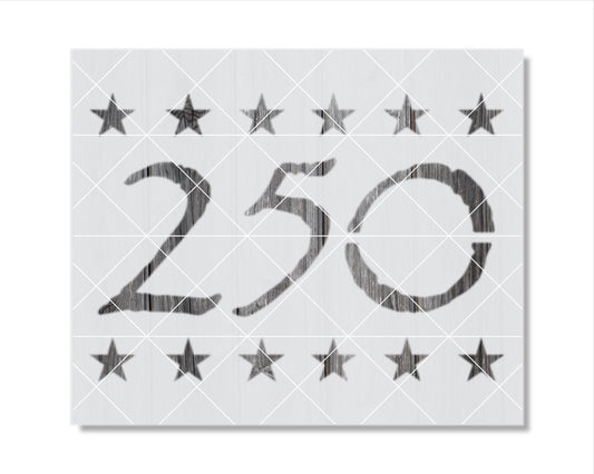 a large number "250" with a star pattern surrounding it.