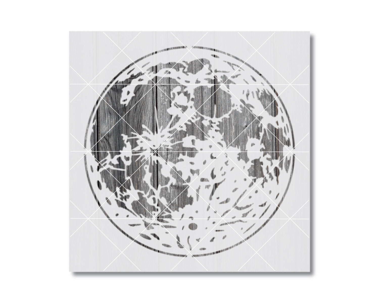 a large, circular moon with a wooden texture, creating a striking contrast between the natural and man-made elements.
