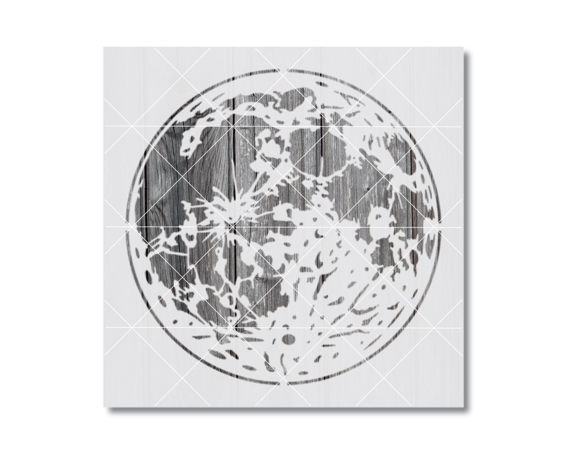 a large, circular moon with a wooden texture, creating a striking contrast between the natural and man-made elements.