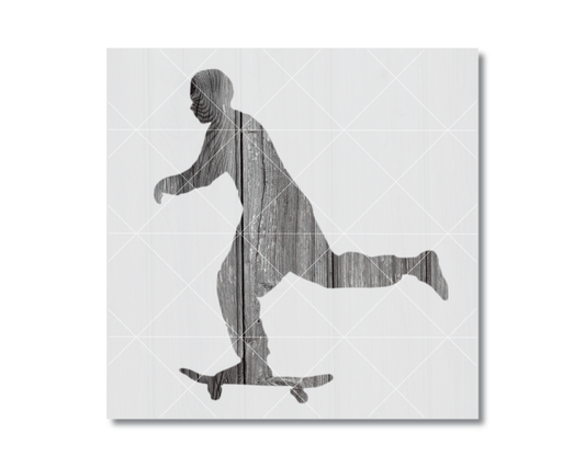 A silhouette of a person riding a skateboard against a white background.