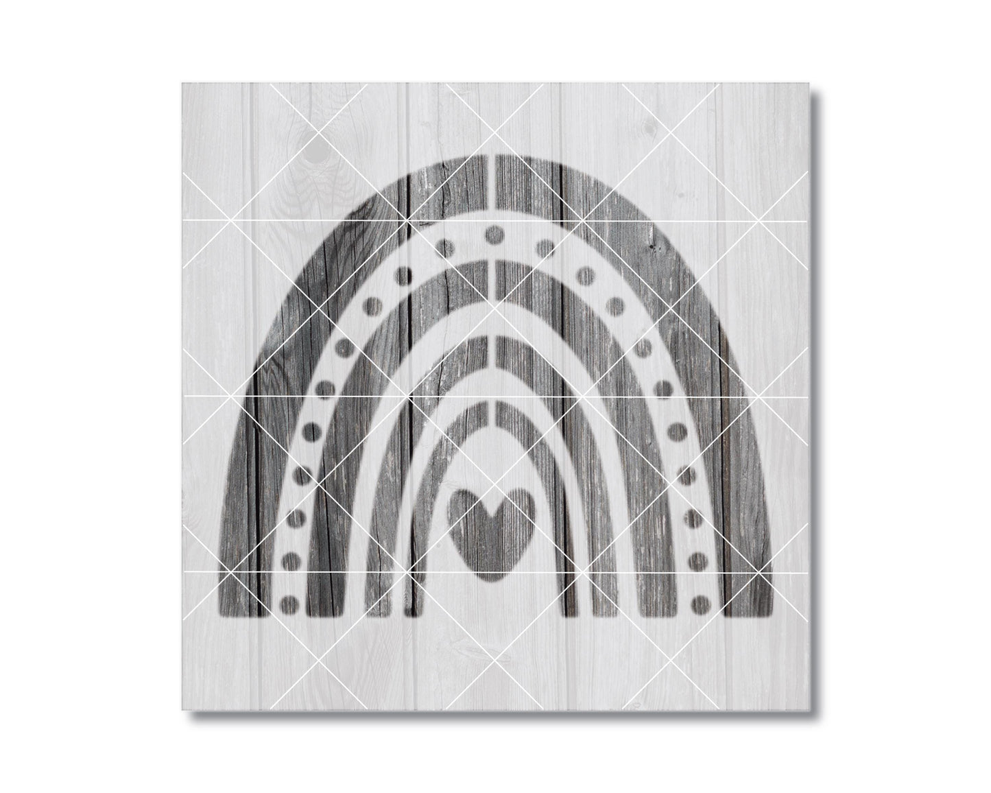 The image is a black and white graphic design featuring a stylized rainbow with a heart shape in the center.